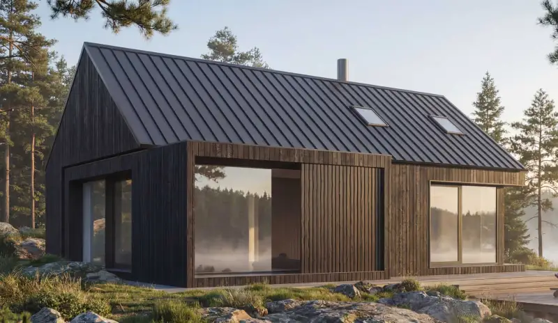 Maison noire et bois, bardage acier