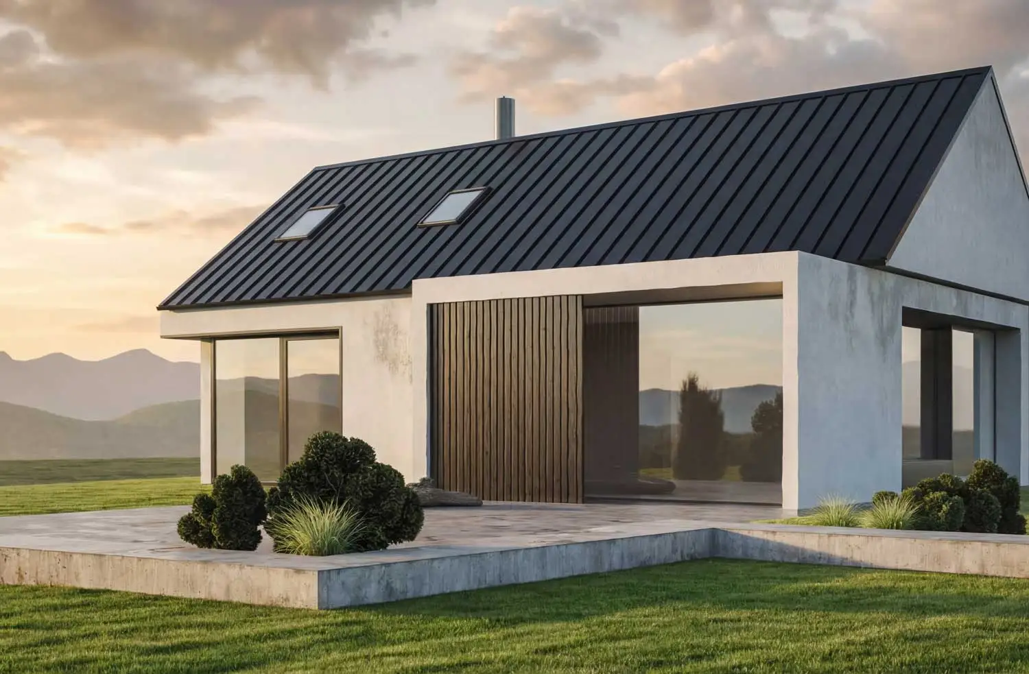 Maison blanche, toiture acier imitation zinc