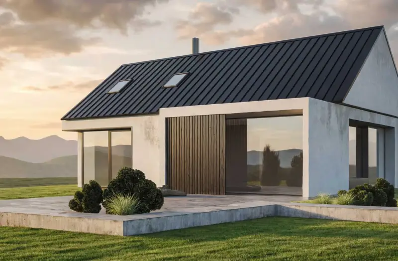 Maison blanche, toiture acier imitation zinc
